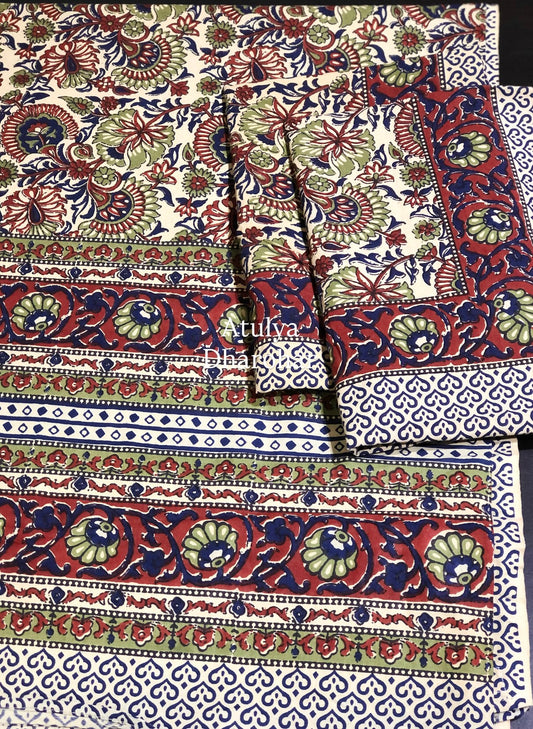 Green and Blue Kalamkari Cotton King Size Bedsheet
