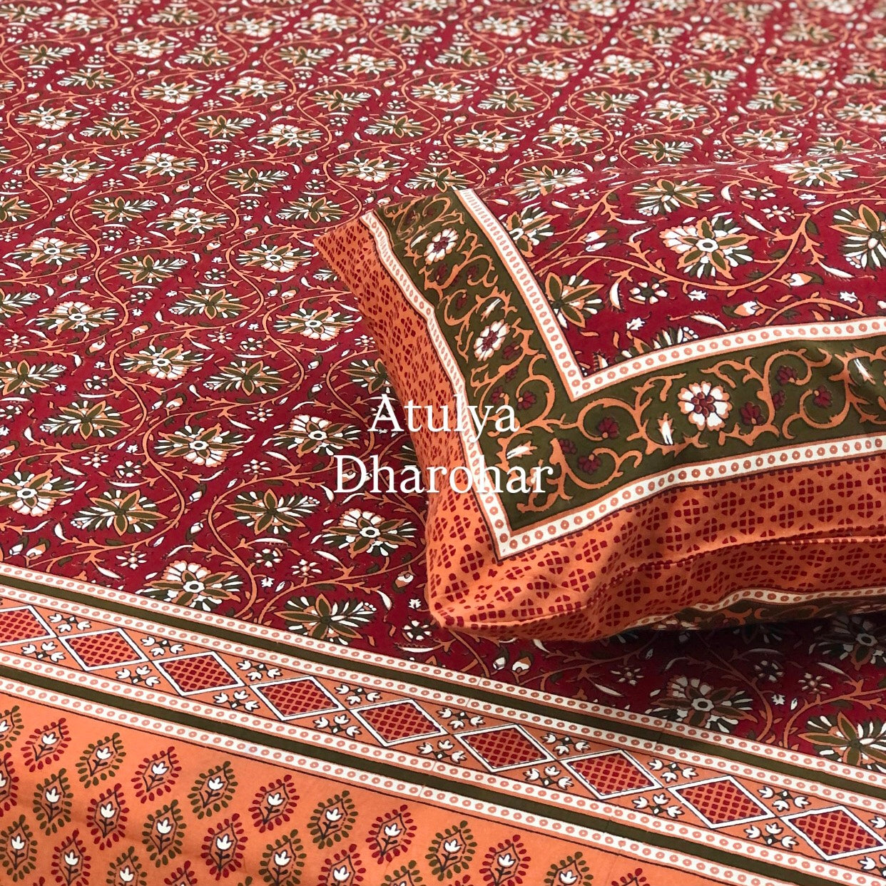 Maroon Cotton Kalamkari King Size Bedsheet