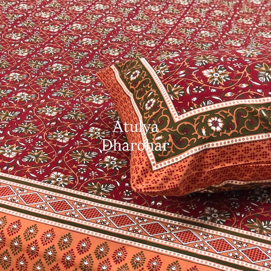 Maroon Cotton Kalamkari King Size Bedsheet