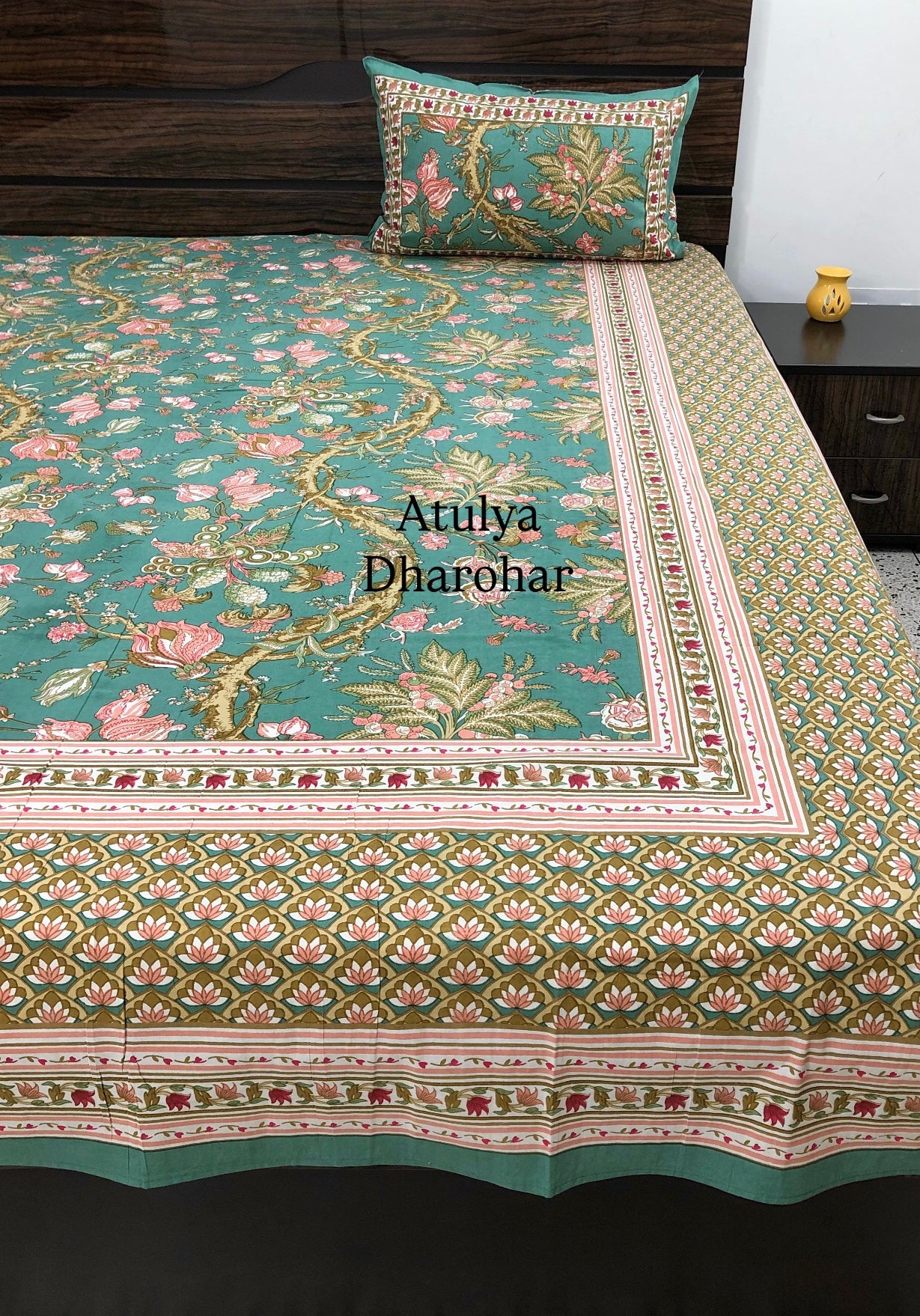 Turquoise and Pink Floral Jaal Cotton King Size Bedsheet