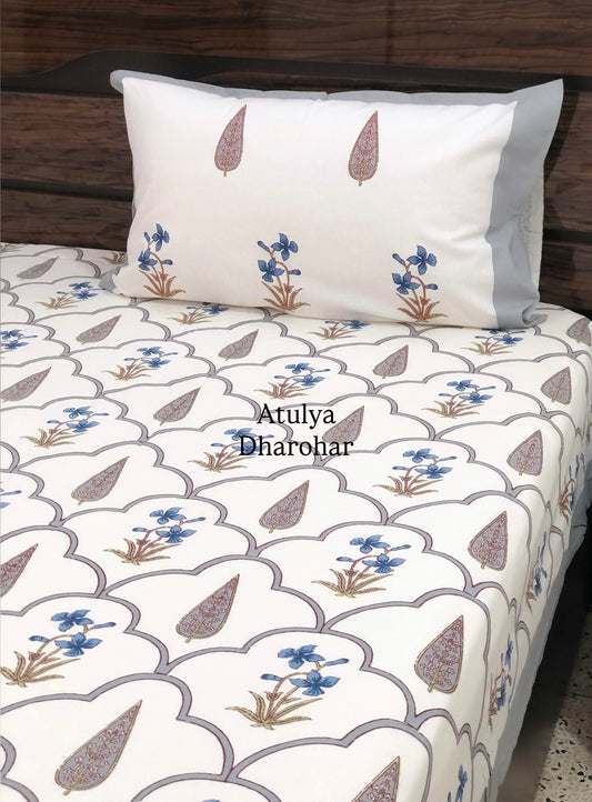 Blue and Grey Floral Mughal Jaal Cotton Super King Bedsheet