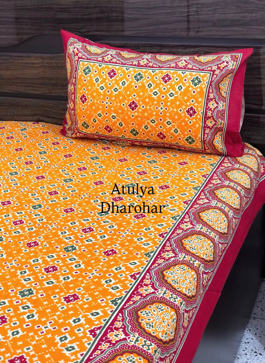Yellow Bandhej Cotton King Size Bedsheet