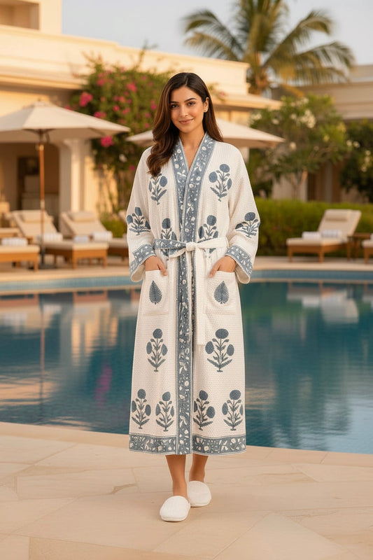 Greyish Blue Floral Motifs Hand Block Waffle Cotton Bathrobe