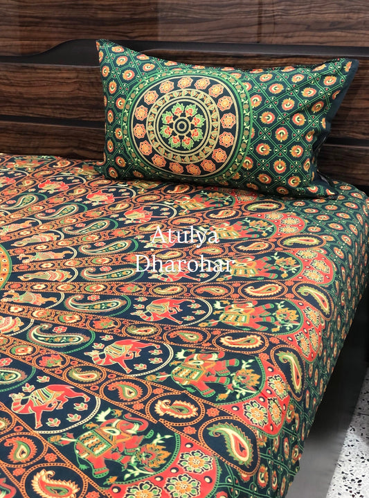 Green Mandala Cotton King Size Bedsheet