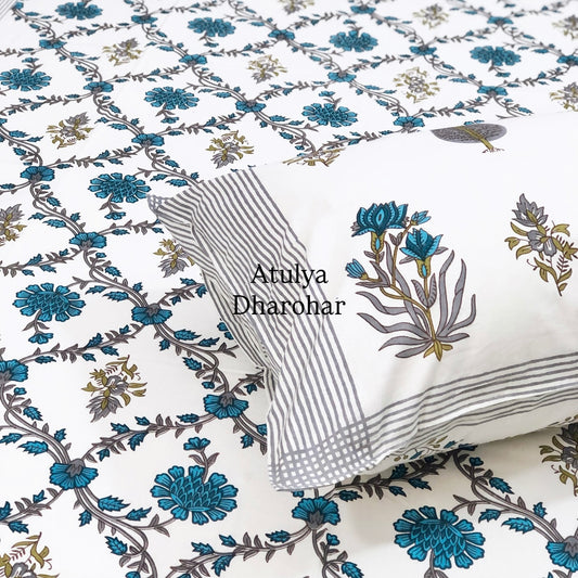 Blue and Green Floral Mughal Jaal Cotton Single Bed Bedsheet