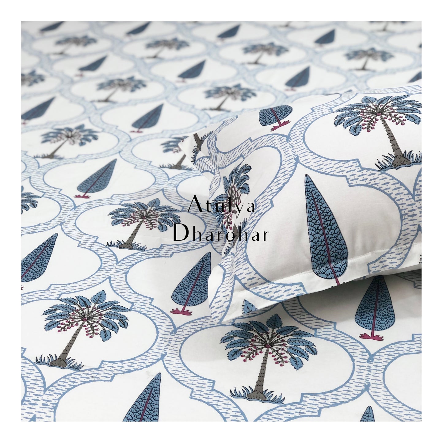 Blue Palm Tree Motifs Bedsheet
