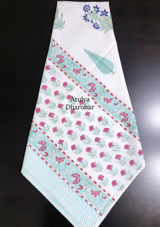Multicolour Floral Motifs Hand Block Printed Waffle Cotton Towel
