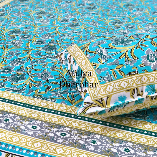 Blue Floral Jaal Cotton King Size Bedsheet