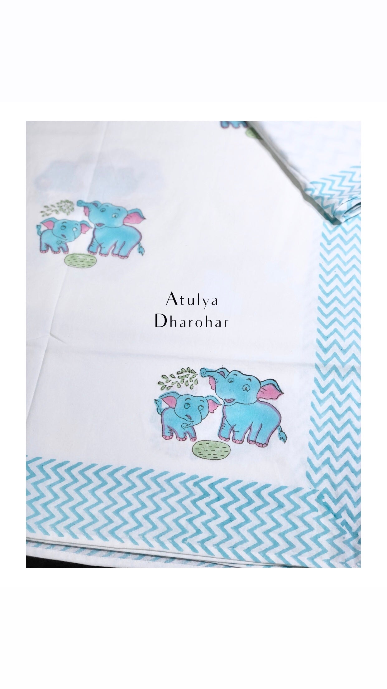 Mom and Baby Elephant Playing Kids Hand Block Printed Single Bedsheet