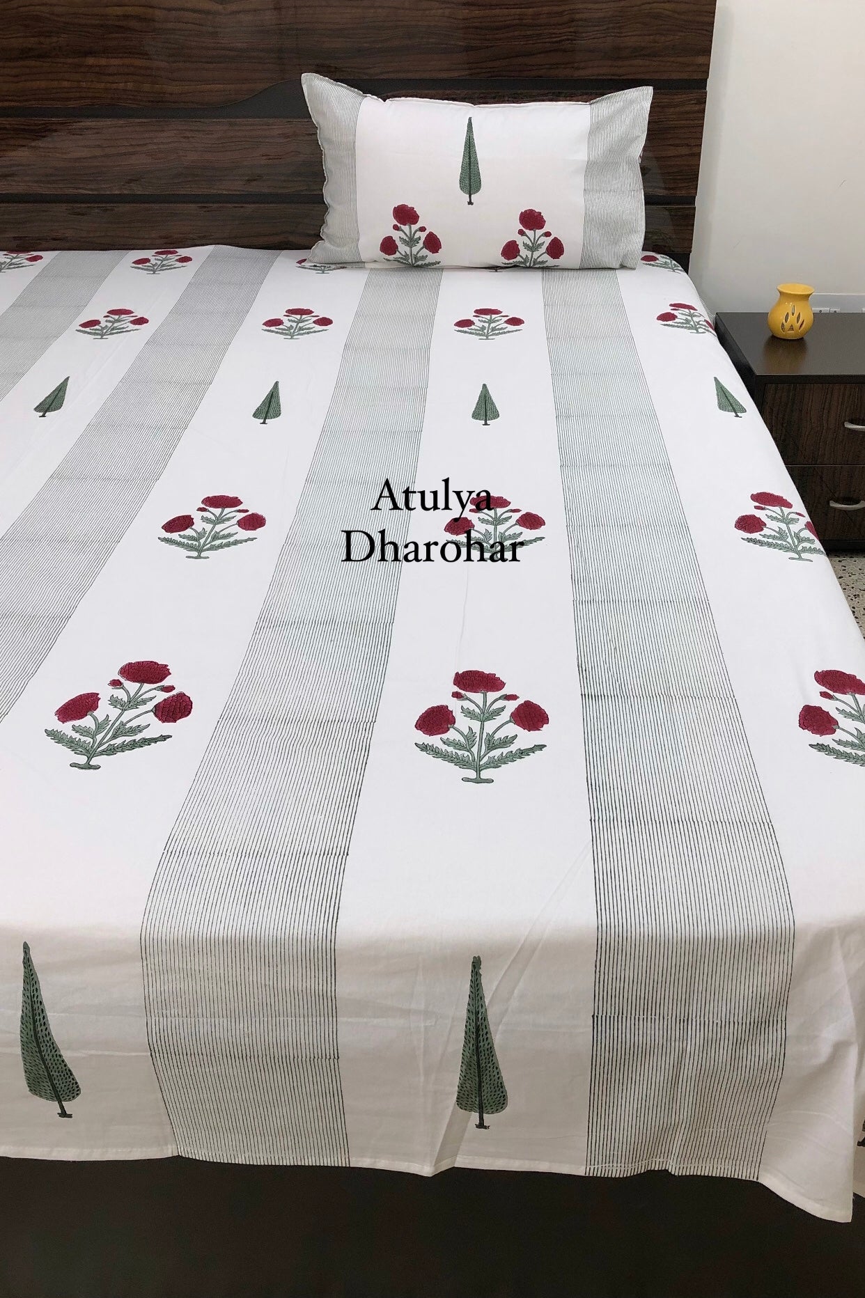 Pinkish Red Marigold with Pine Tree Motifs Hand Block Printed Super King Bedsheet