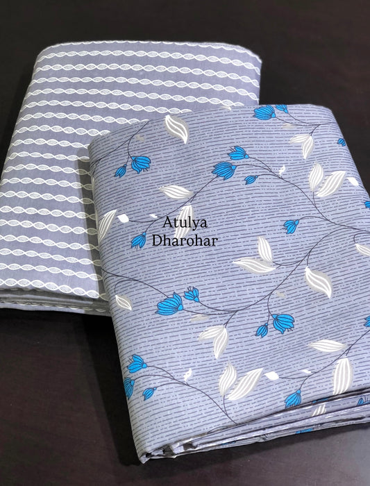 Grey and Blue Floral Cambric Cotton Single Dohar Pair