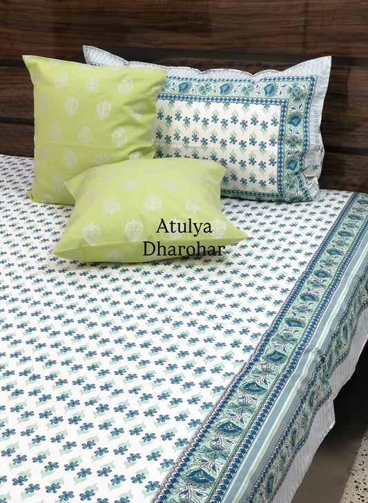 Blue and Green Floral Motifs Cotton King Size Bedsheet