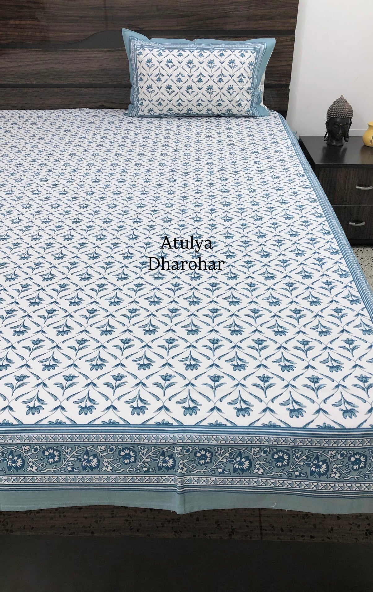 Blue Grey Floral Mughal Jaal Cotton King Size Bedsheet