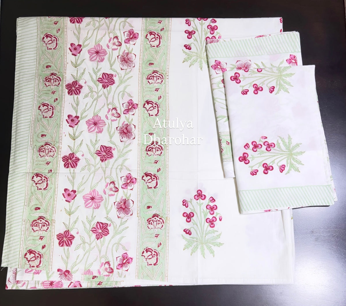 Pink and Green Floral Motifs Percale Cotton Hand Block Printed Super King Bedsheet