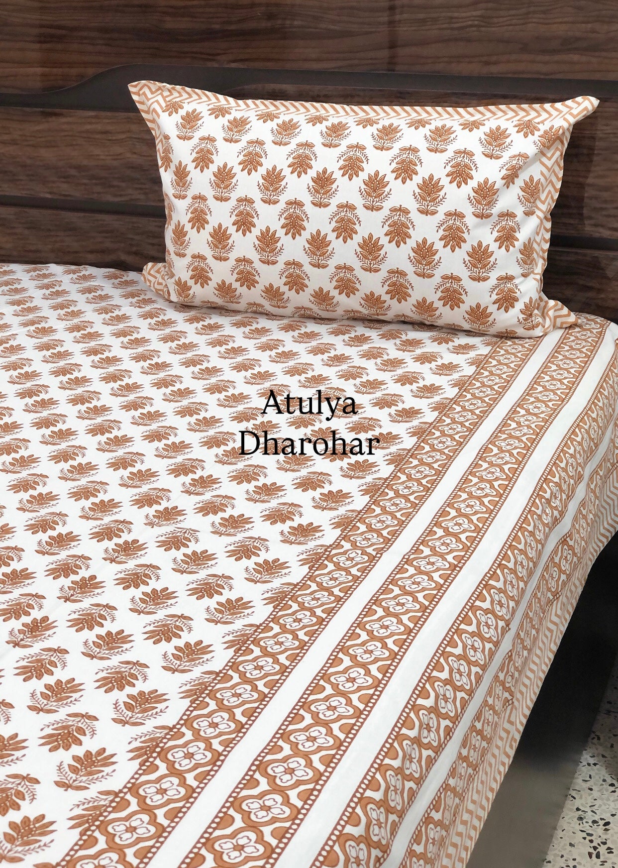 Brown Floral Motifs Cotton King Size Bedsheet