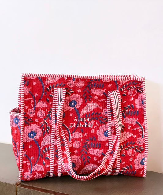 Red and Blue Floral Medium Tote Bag with Zip
