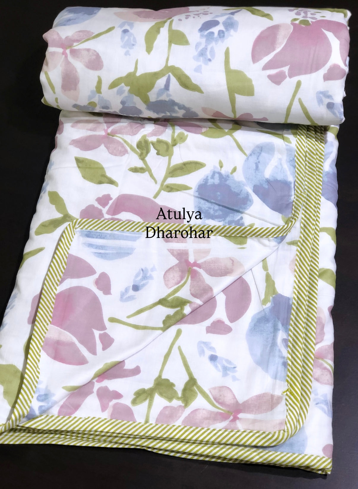 Pink and Blue Floral Mulmul Double Bed Dohar