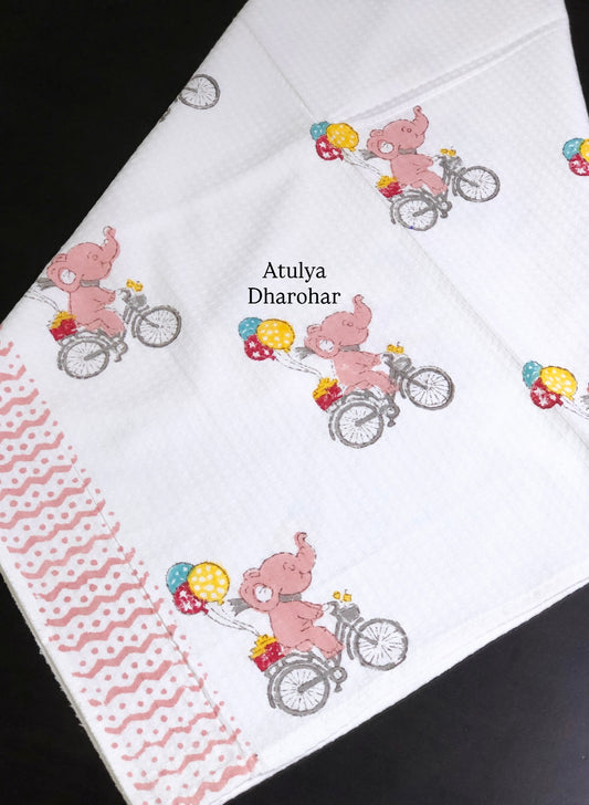 Elephant with Balloons Hand Block Printed Waffle Cotton Kids Towel