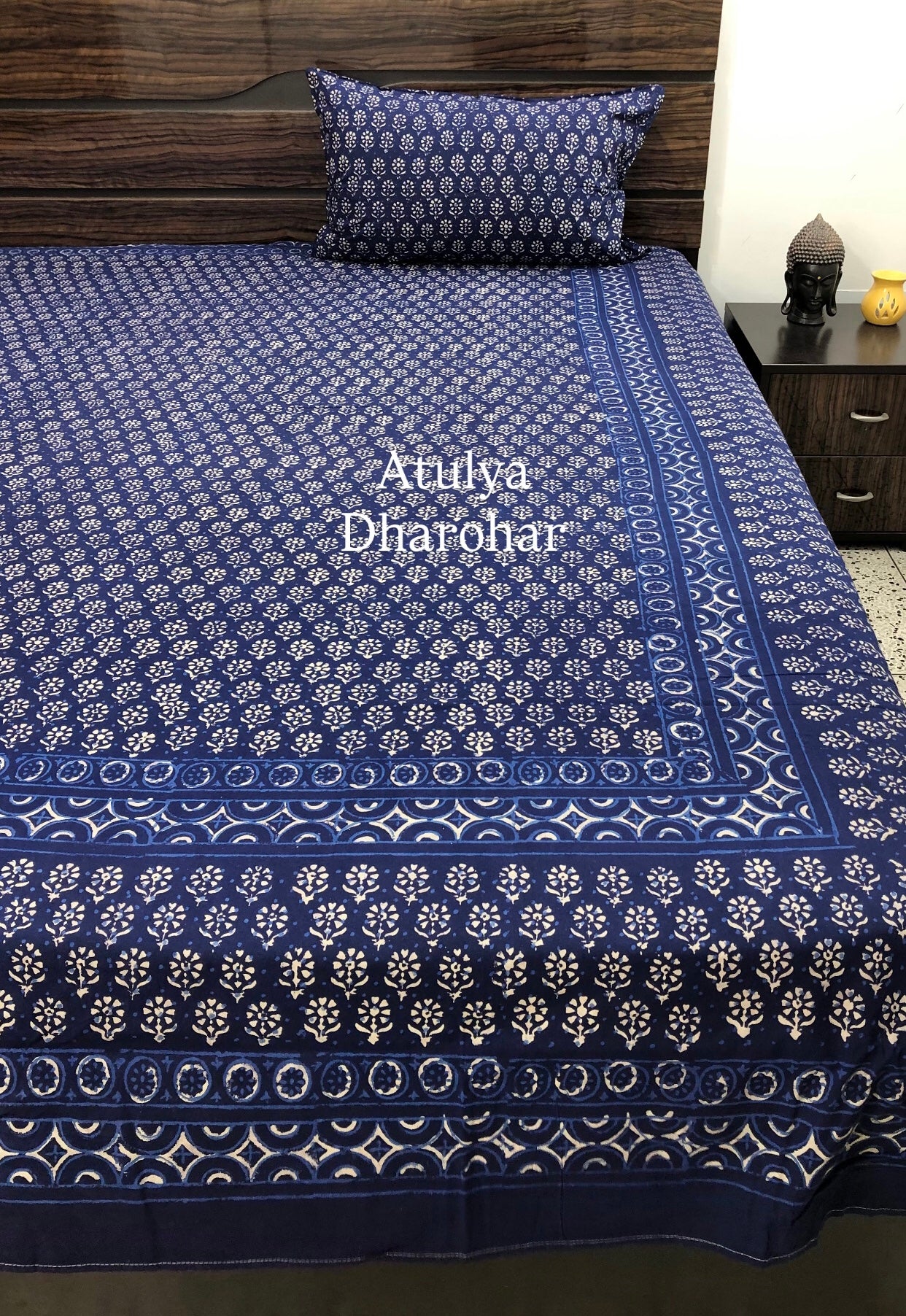 Indigo Butti Hand Block Printed Super King Bedsheet