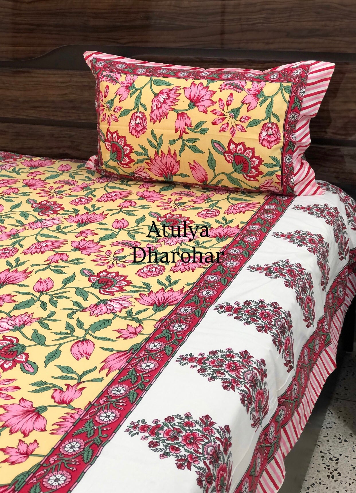 Yellow Floral Jaal Cotton Super King Bedsheet