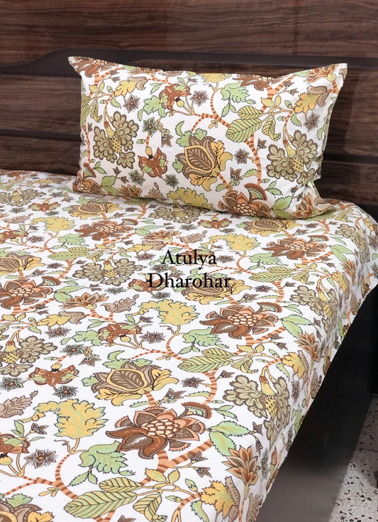 Brown and Yellow Floral Jaal Single Bedsheet