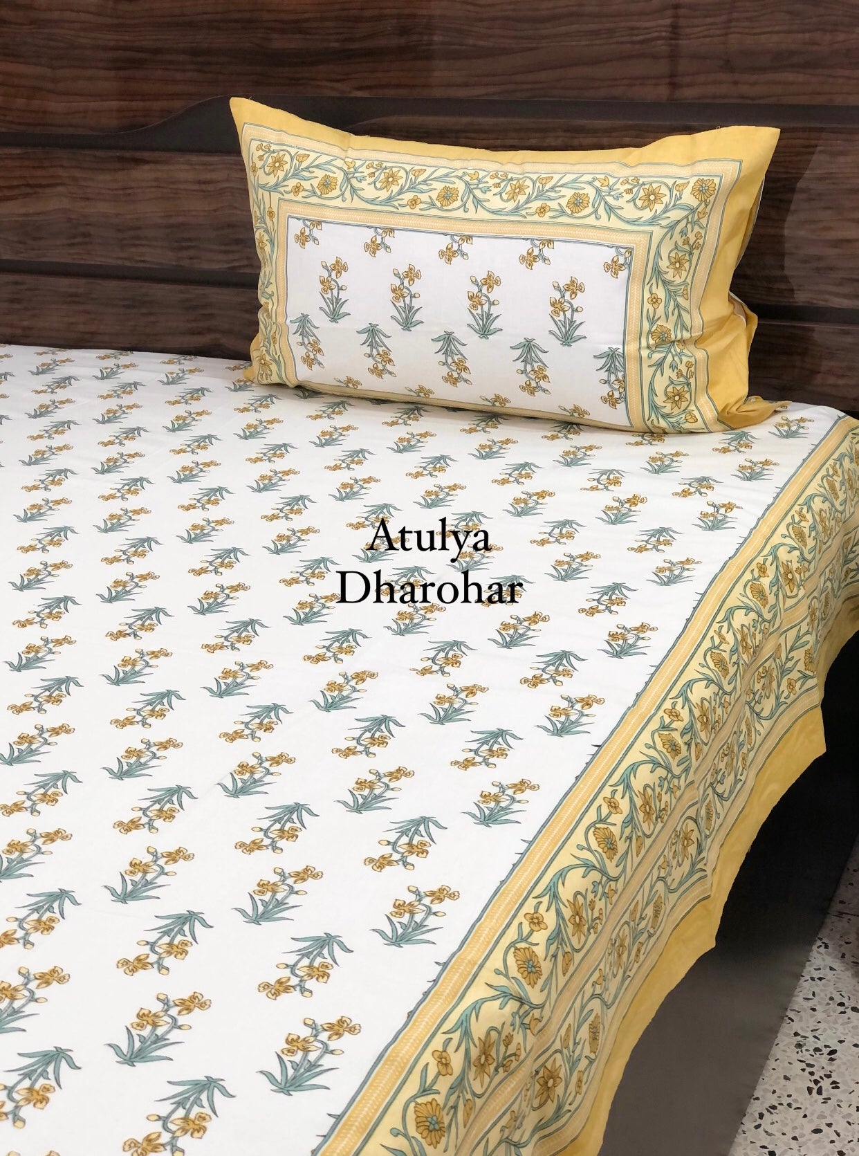 Yellow Floral Motifs Super King Bedsheet