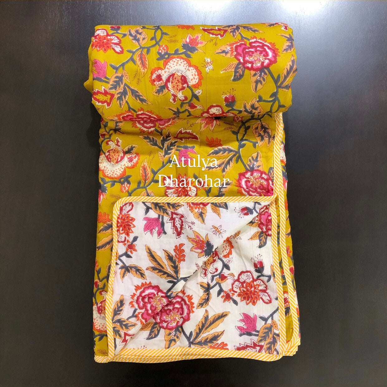 Mustard Green Floral Mulmul Double Bed Dohar
