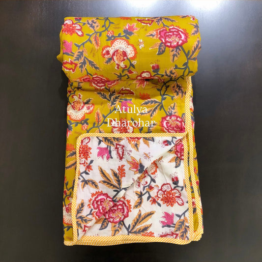 Mustard Green Floral Mulmul Double Bed Dohar