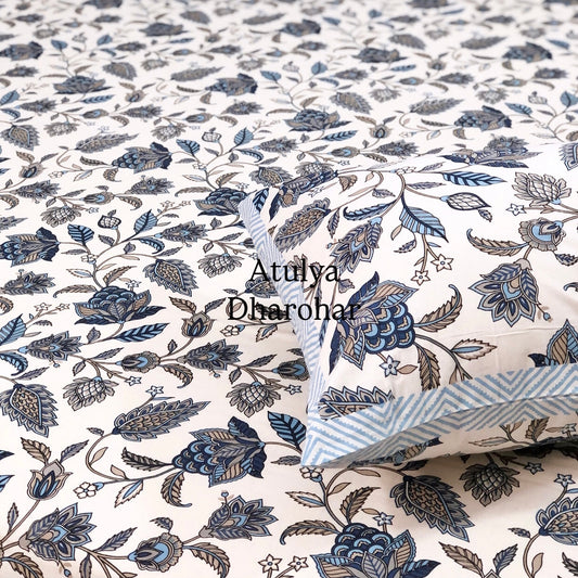 Blue Floral Jaal Cotton King Size Bedsheet