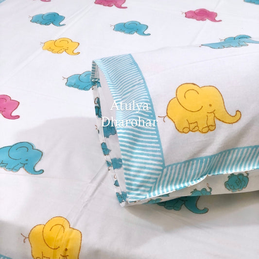 Colourful Elephants Kids Hand Block Printed Single Bedsheet