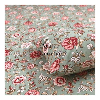 Green and Pink Floral Motifs Bedsheet