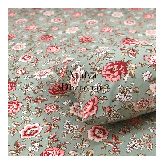 Green and Pink Floral Motifs Bedsheet