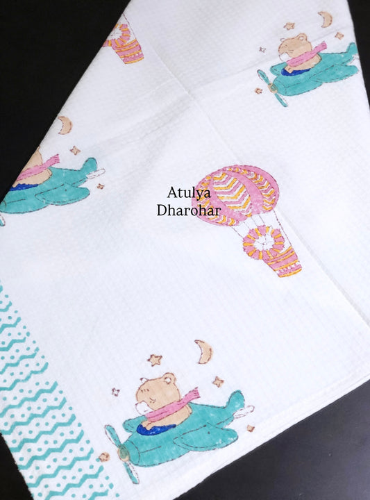 Flying Bunny with Hot Air Balloon Hand Block Printed Waffle Cotton Kids Towel
