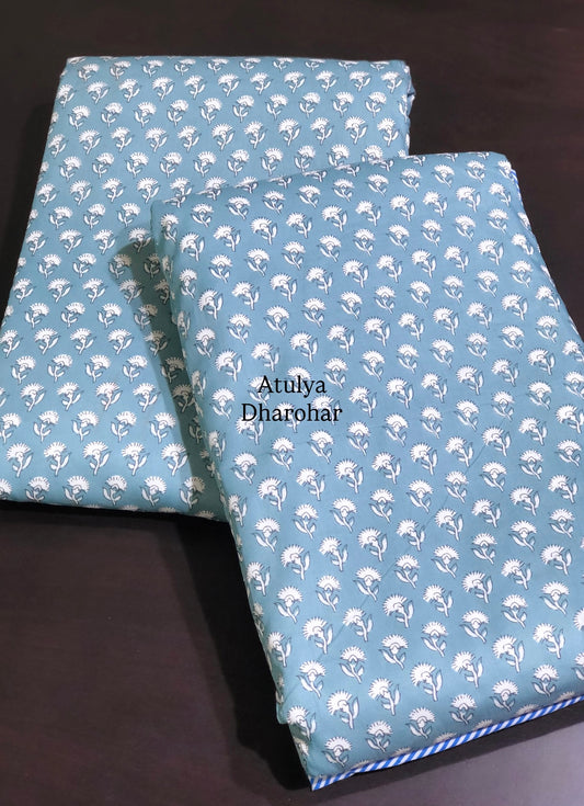 Turquoise Blue Floral Motifs Mulmul Single Dohar Pair