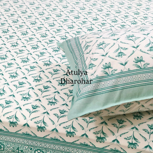 Turquoise Floral Mughal Jaal Cotton King Size Bedsheet