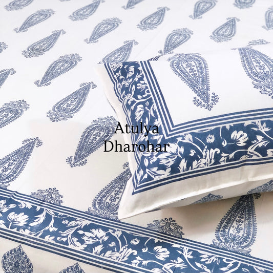 Blue Floral Motifs Cotton King Size Bedsheet