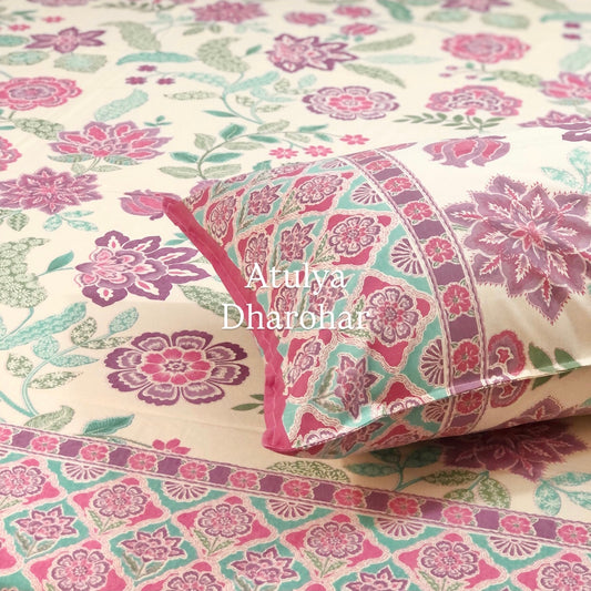 Purple Floral Cotton Super King Bedsheet