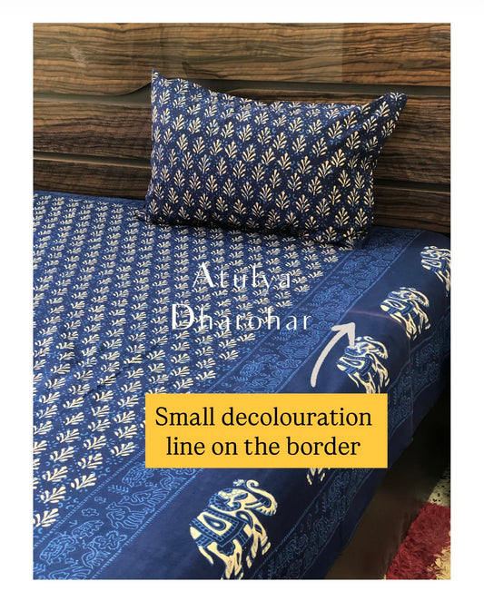 Indigo Butti with Elephant Border Hand Block Printed Bedsheet 100x108 inches