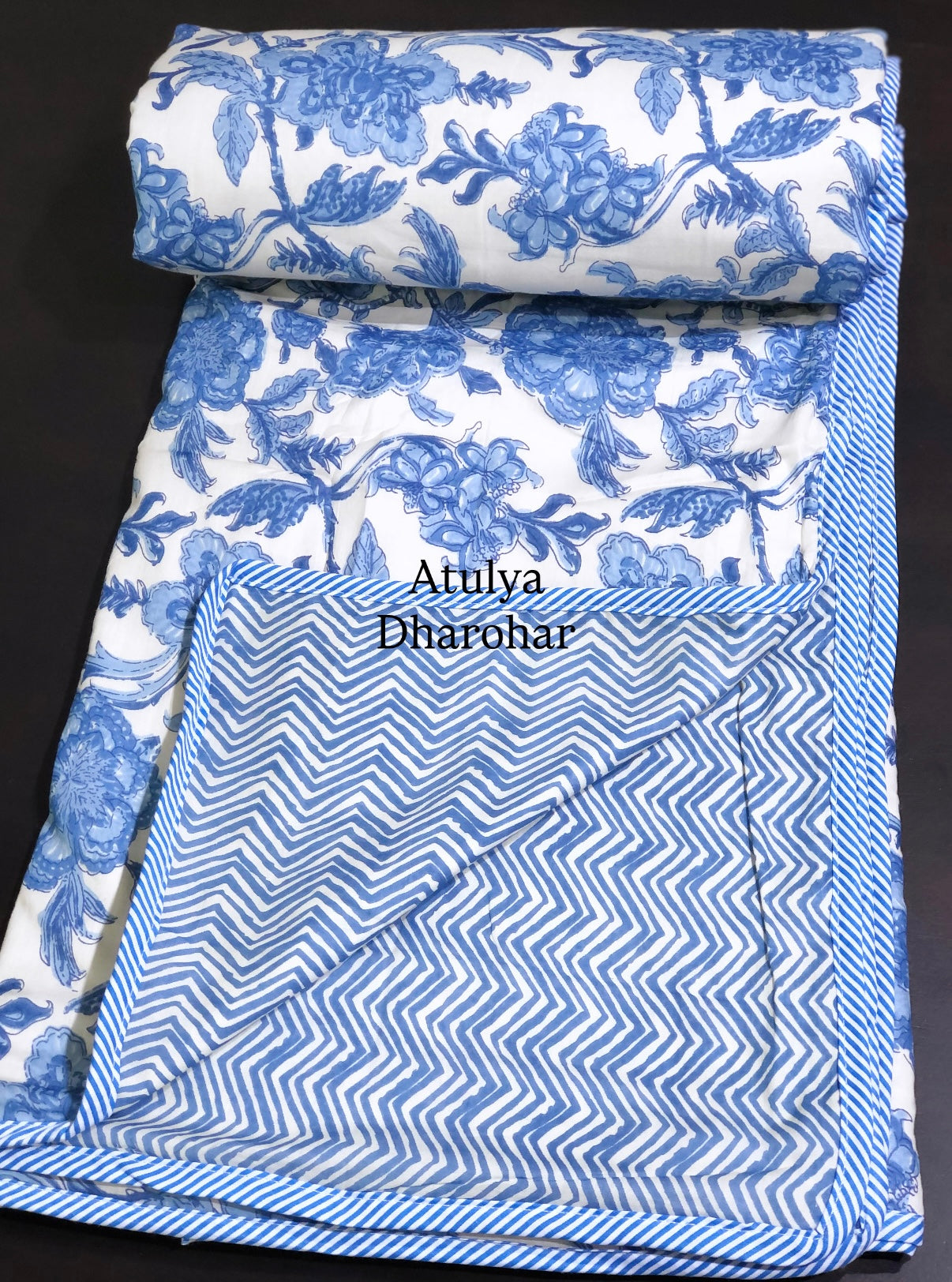 Blue Floral Jaal Mulmul Double Bed Dohar