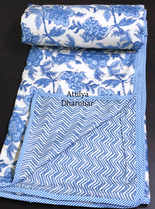 Blue Floral Jaal Mulmul Double Bed Dohar