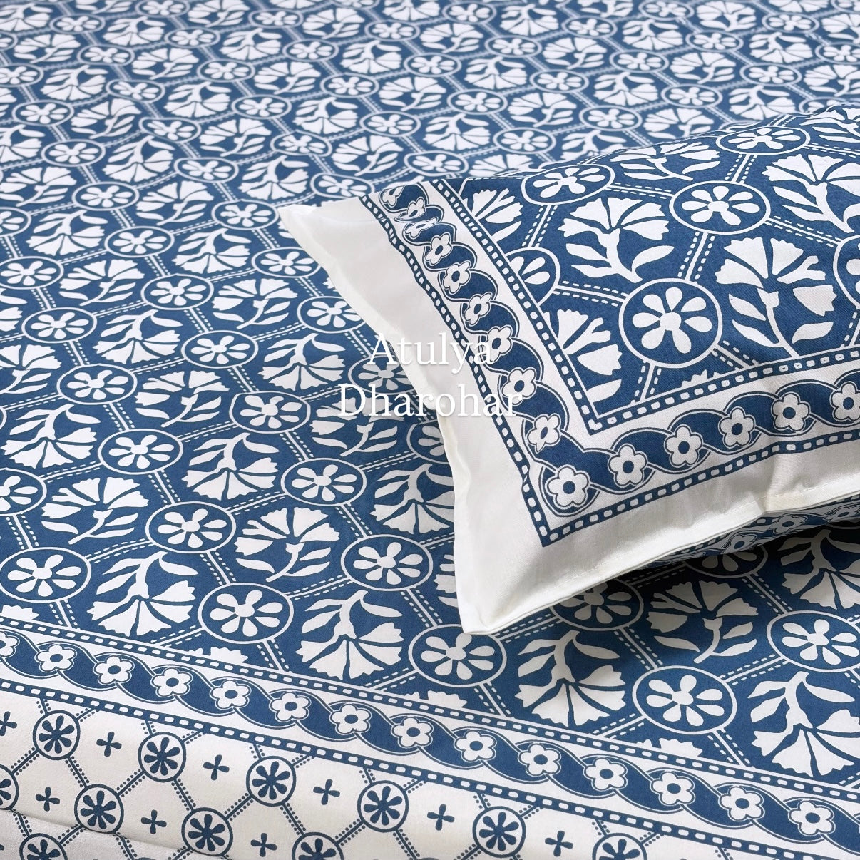 Blue Floral Jaal Cotton Super King Bedsheet