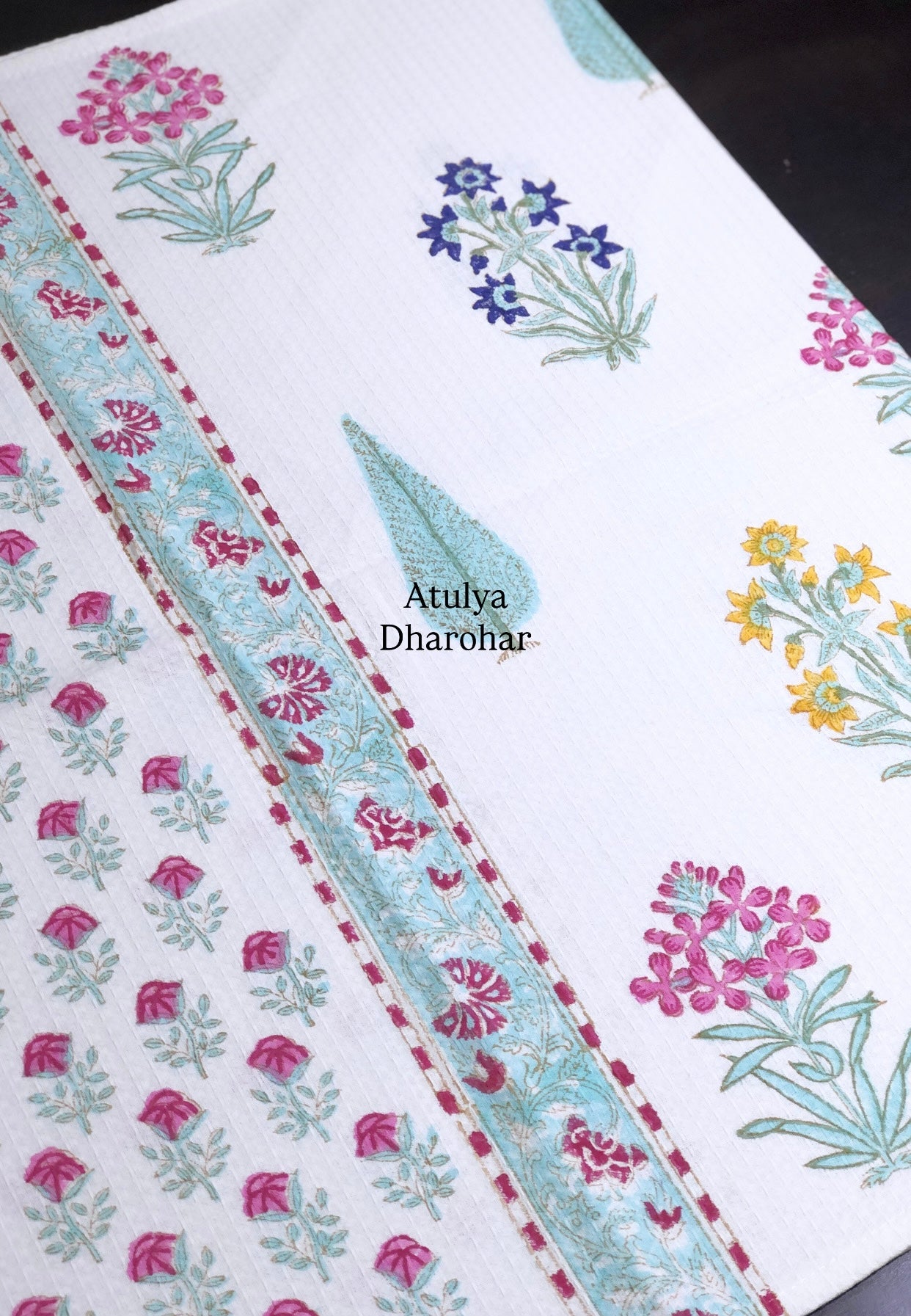 Multicolour Floral Motifs Hand Block Printed Waffle Cotton Towel