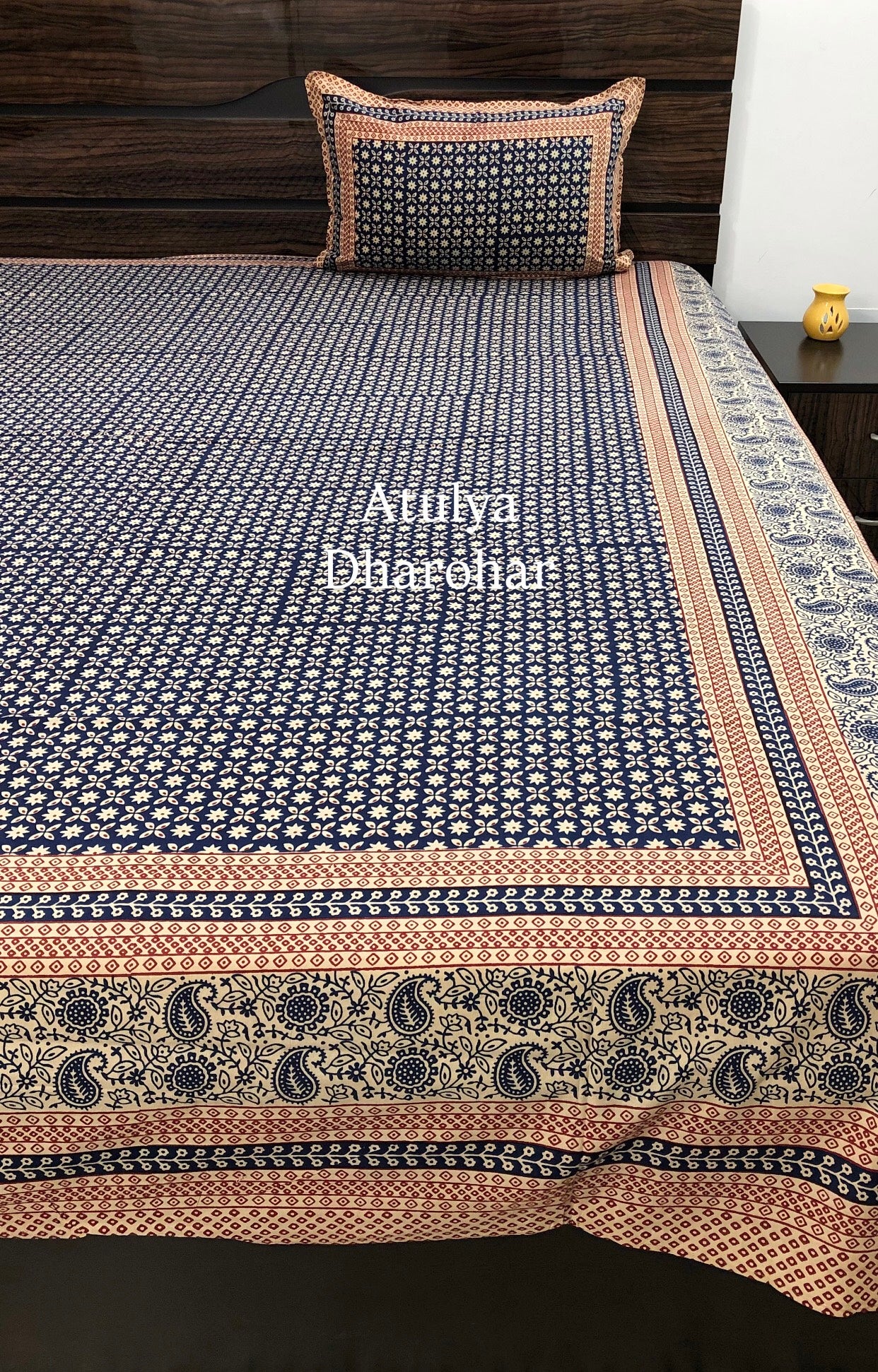 Indigo Kalamkari Cotton King Size Bedsheet