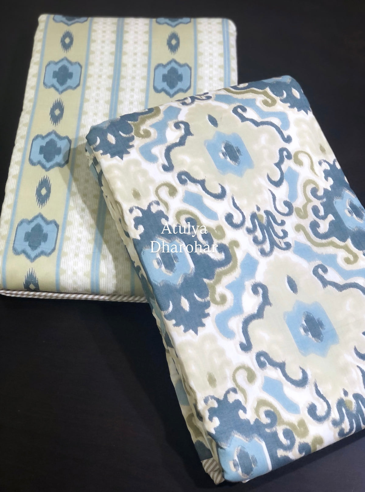 Blue and Green Ikat Mulmul Single Dohar Pair