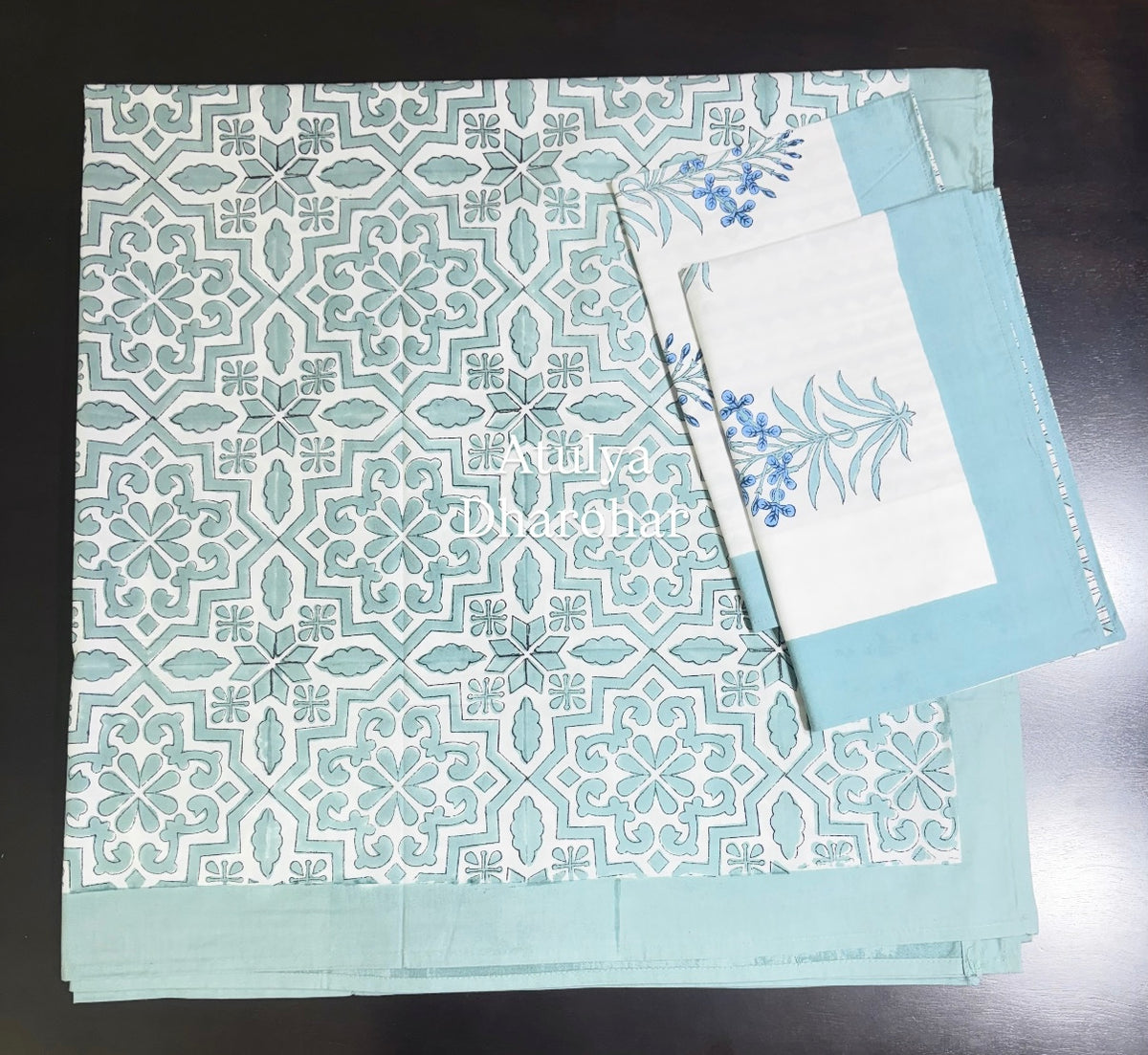 Turquoise Mughal Jaal Percale Cotton Hand Block Printed Super King Bedsheet