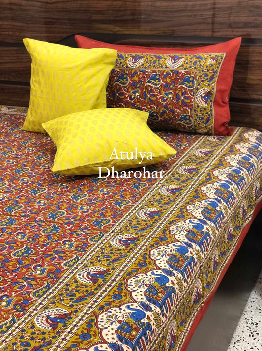 Maroon and Green Kalamkari Bedsheet