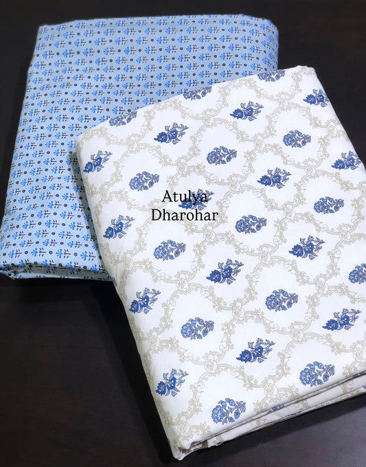 Blue Floral Mughal Jaal Cambric Cotton Single Dohar Pair
