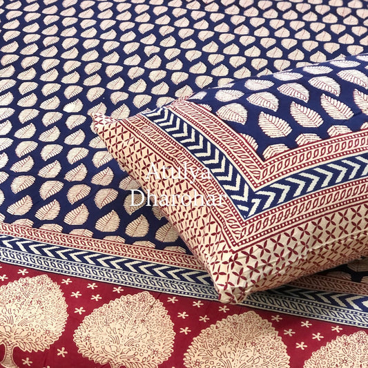 Indigo and Red Kalamkari King Size Cotton Bedsheet