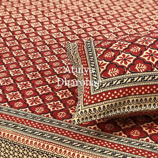 Maroon & Black Cotton Kalamkari King Size Bedsheet
