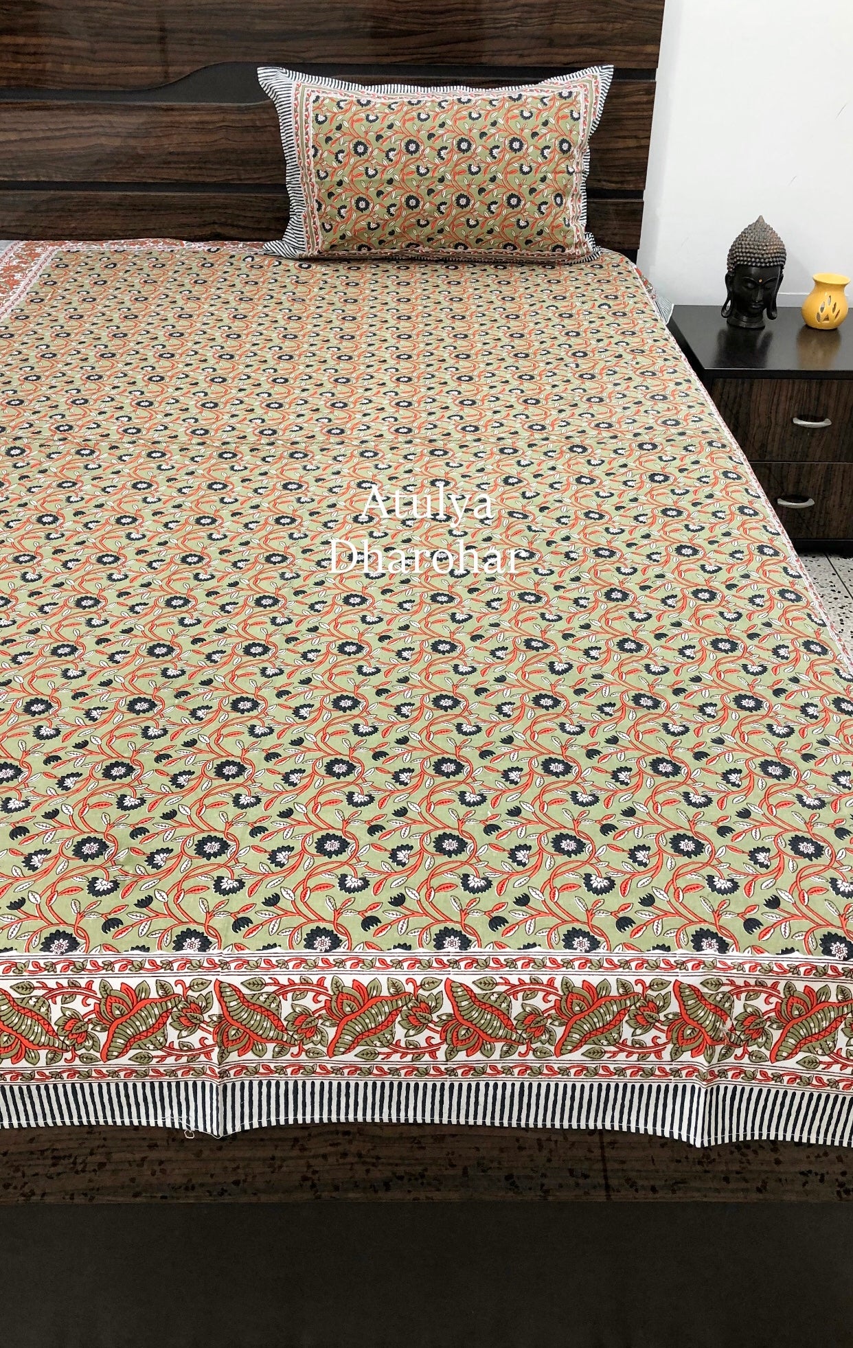 Green Floral Jaal Cotton Single Bedsheet